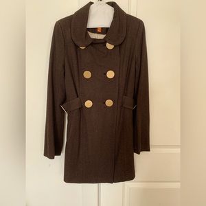 Women’s brown thigh length wool jacket with gold buttons